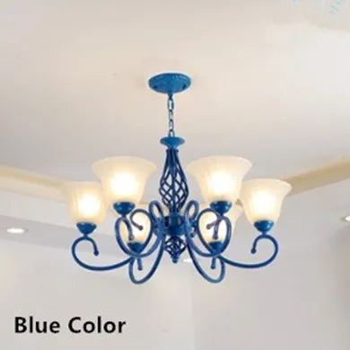 Vintage Blue Chandelier with Glass Lampshade for Home Lighting