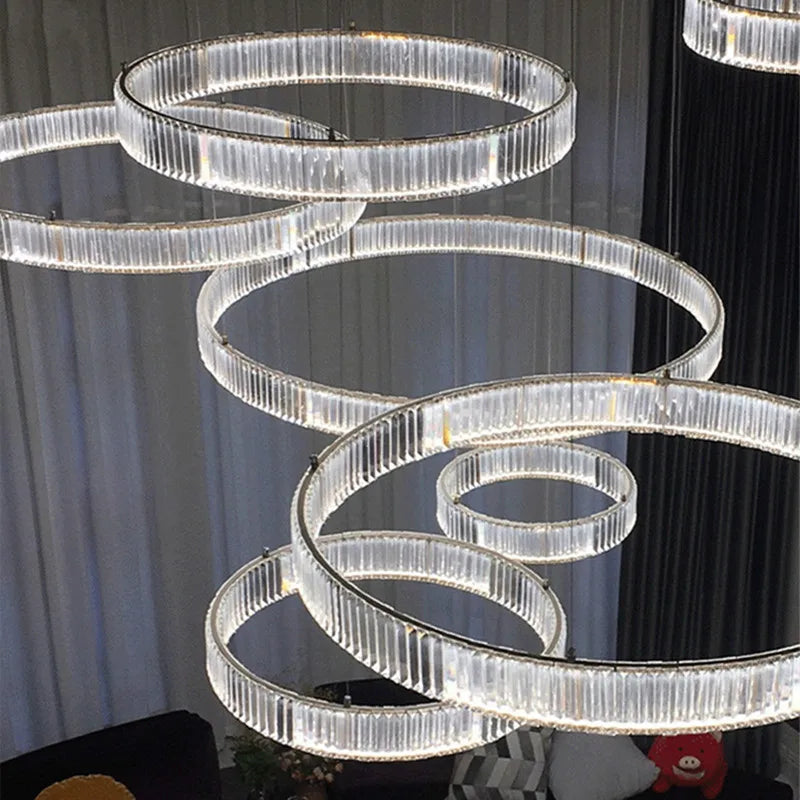 Luxury Crystal LED Chandelier: Dimmable Circle Droplight for Villa Stairs & Living Room