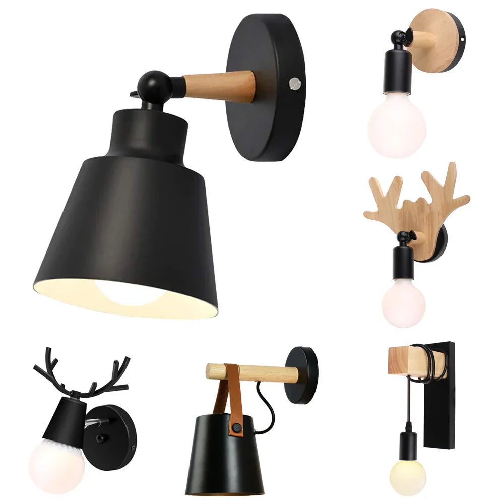 Modern Nordic Wood Wall Lights Bedroom Lamp Black White LED Sconce Lighting