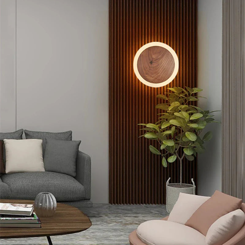 Walnut Round Solid Wood LED Wall Light for Bedroom Living Room Kitchen