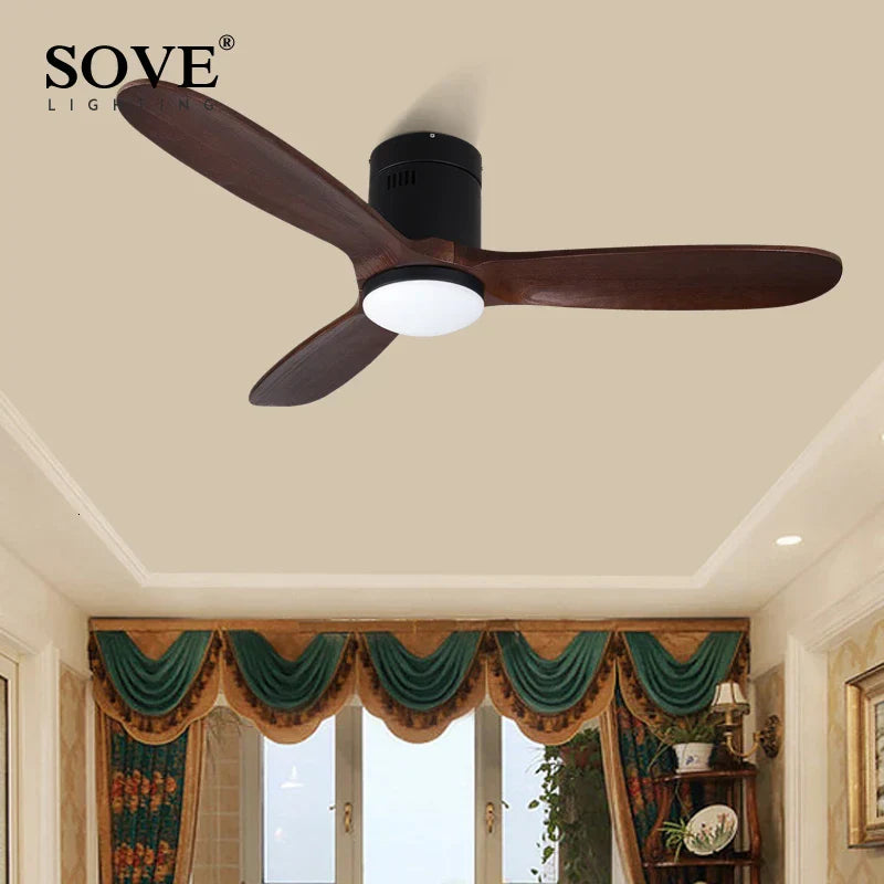 Black Vintage Wood Ceiling Fan with Remote Control - Retro Decorative Home Fan-Light