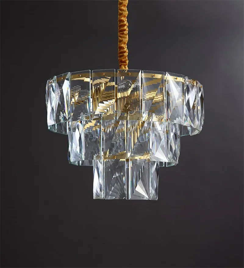Gold Steel Crystal LED Pendant Light Fixture Luxe Round Hanging Lamp