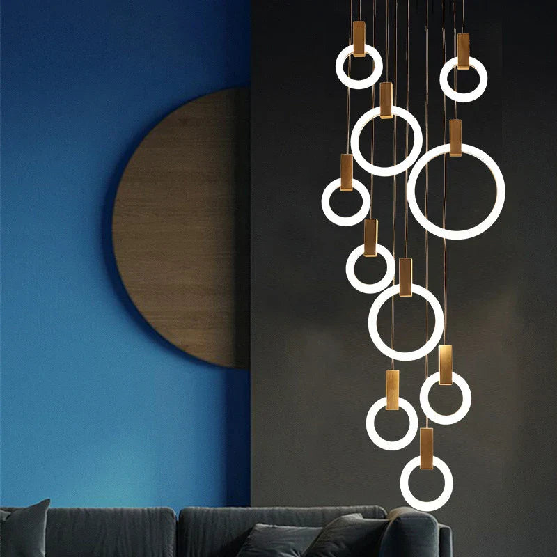 Wooden Ring LED Chandelier for Staircase and Dining Room Lighting