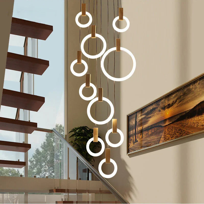 Wooden Ring LED Chandelier for Staircase and Dining Room Lighting