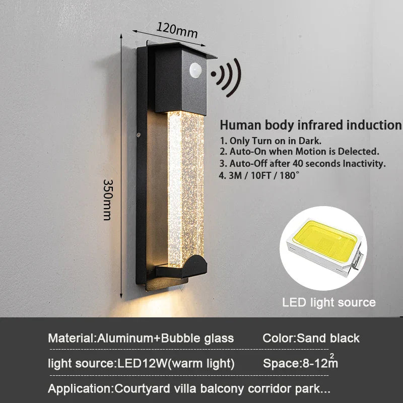 Crystal Outdoor LED Wall Light with PIR Motion Sensor, IP65 Waterproof Sconce Luminare