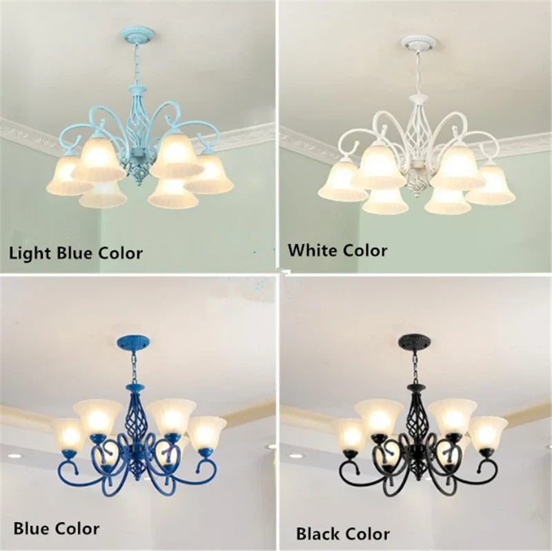 Vintage Blue Chandelier with Glass Lampshade for Home Lighting