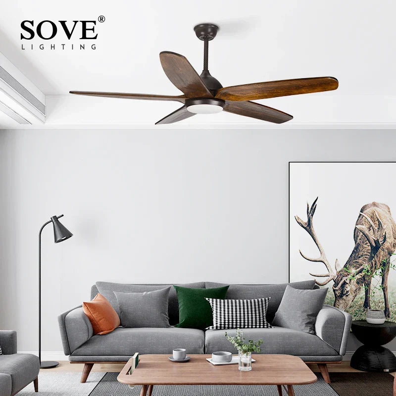 60" Solid Wood Blade Ceiling Fan Light LED Remote Control 220v