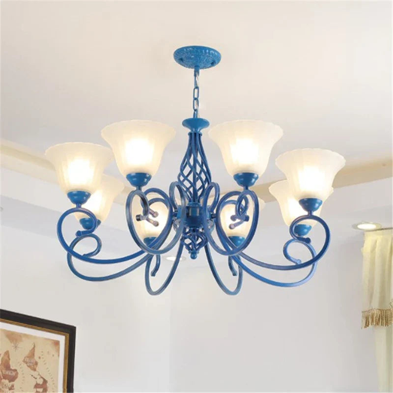 Vintage Blue Chandelier with Glass Lampshade for Home Lighting