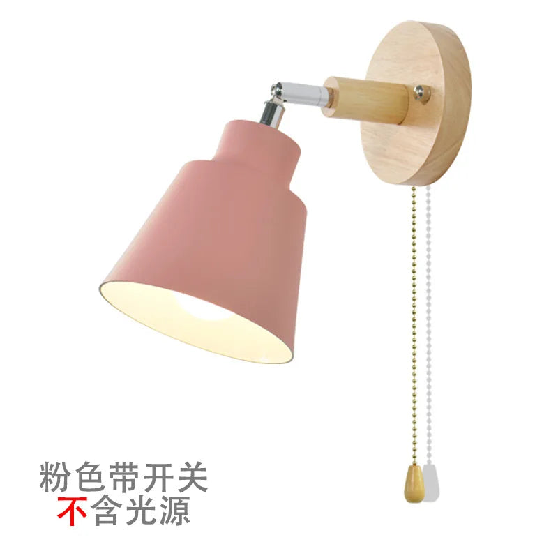 Nordic Wooden Wall Lights with Zipper Switch, Rotatable Modern Macaroon Sconce