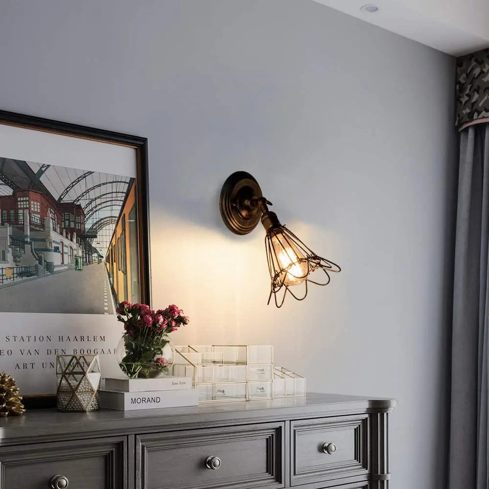 Industrial Cage Wall Light Fixture - Adjustable Rustic Sconces for Home Décor