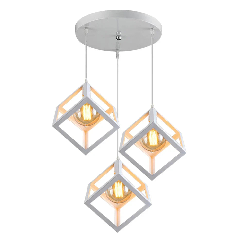 Geometric Cube Pendant Lights Trio Metal Shades Square Ceiling Lamps
