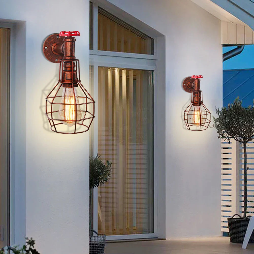 Vintage Industrial Iron Rust Wall Lamp Retro Cage Sconce for Living Room