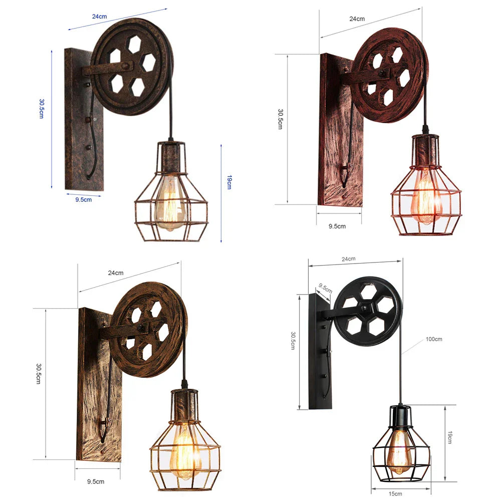 Industrial Pulley Wall Lamp Adjustable Sconce Light Fixture Loft Cafe Bar