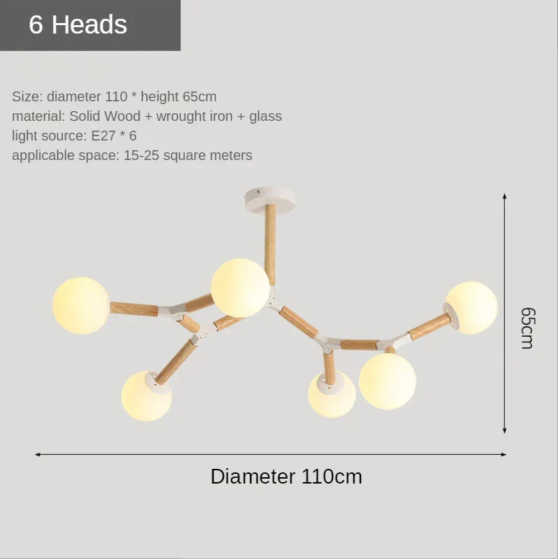 Nordic Wood Iron Glass Ball Chandelier LED Light Luxury Living Bedroom Restaurant Bar