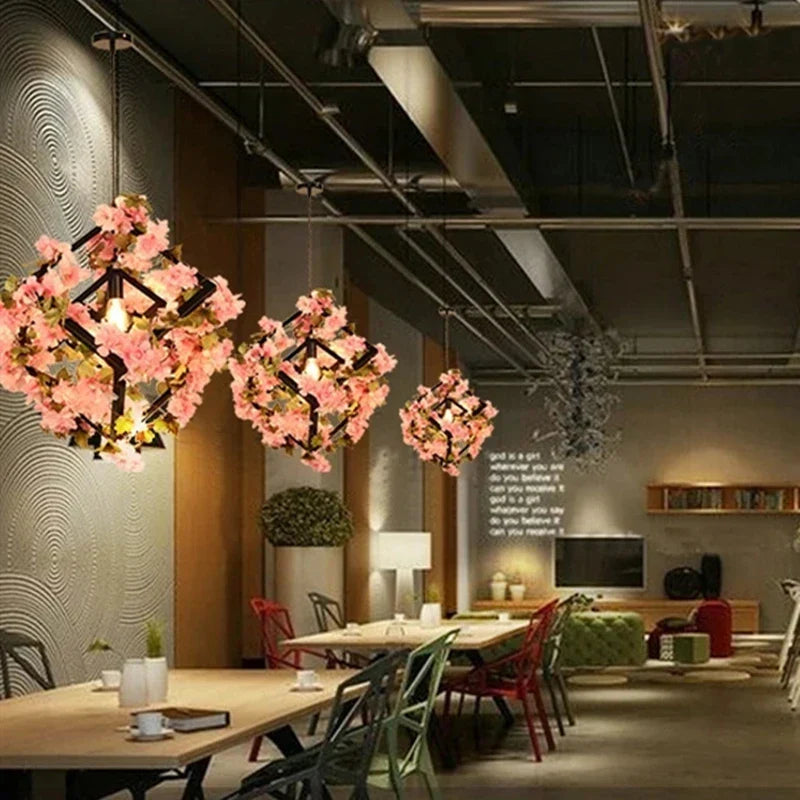 Green Plants Cherry Blossoms Chandelier, Elegant Pendant Lamp for Bar and Restaurant