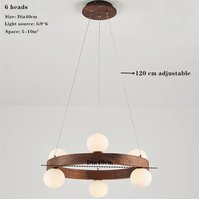 Round Glass Walnut Chandelier - Solid Wood Pendant Light for Living, Dining, Bedroom