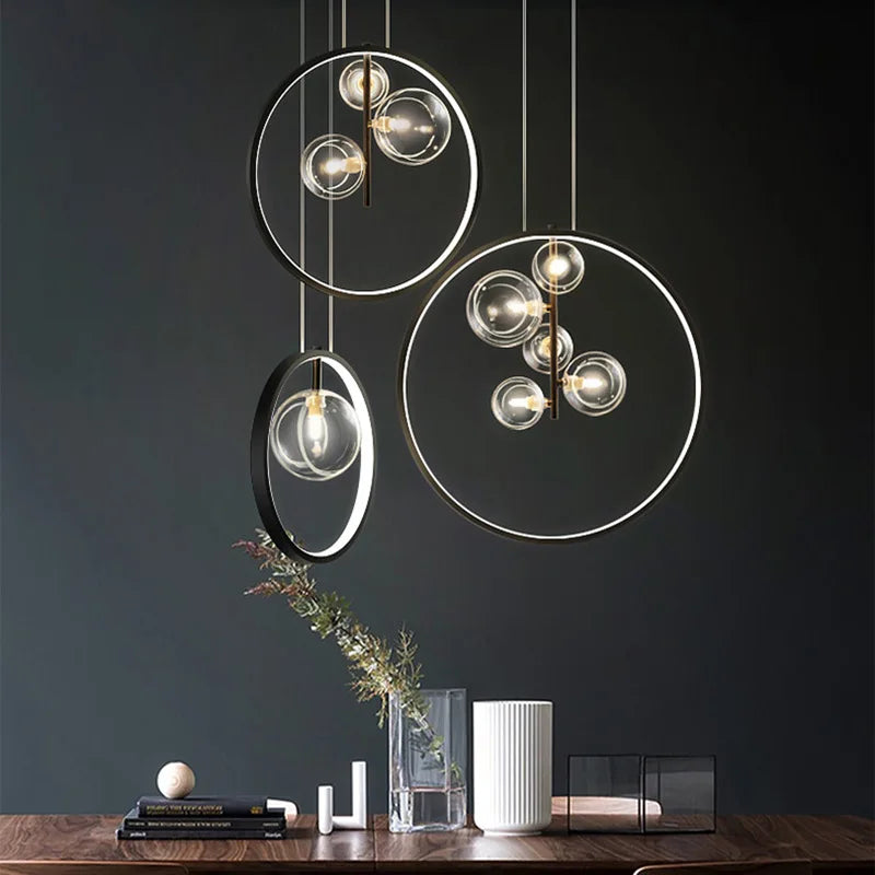Metal Ring Glass Pendant Light: Nordic LED Ceiling Fixture for Home Interior Decoration