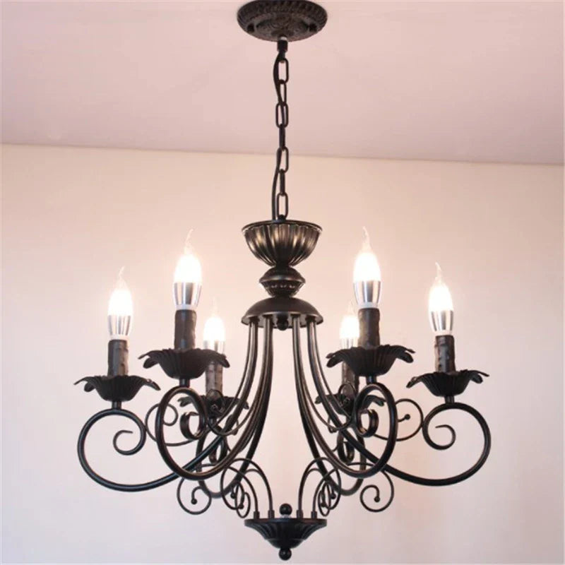 Retro Beige Black Chandelier - American Candle Lamp Iron Suspension Fixtures