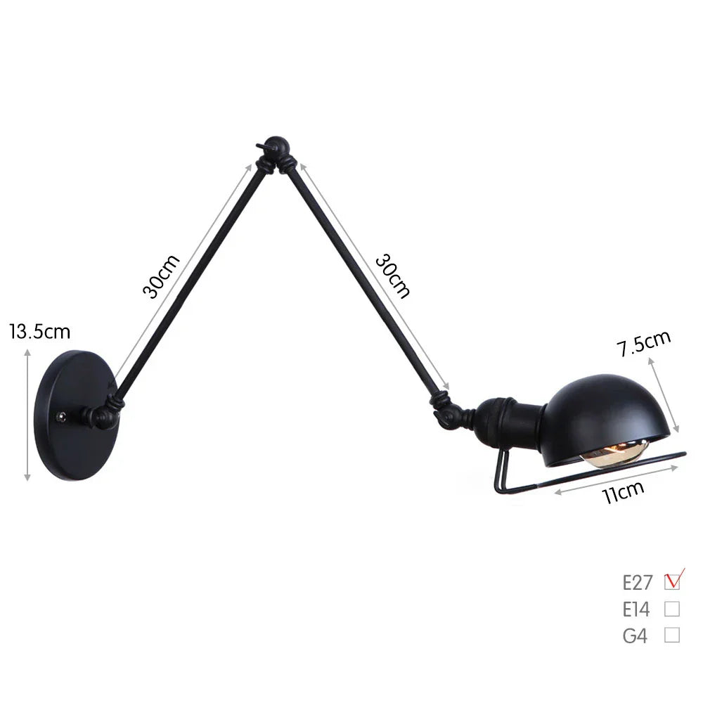 Swing Arm LED Wall Lamp Adjustable White Black Bedside Study Loft Vintage Reading Light