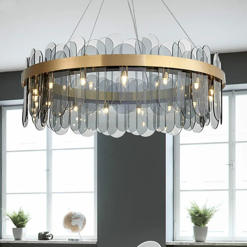 Luxury Gold Metal LED Chandeliers with Adjustable Brightness and Grey/White Glass