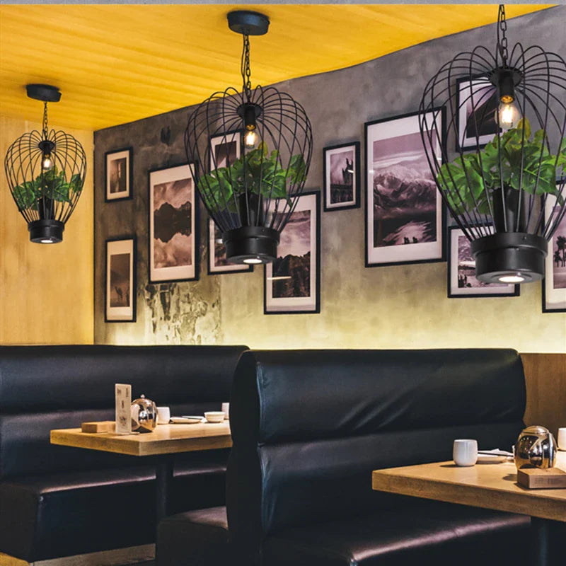 Green Planting Birdcage Chandelier: Retro Industrial Style Pendant Lamp