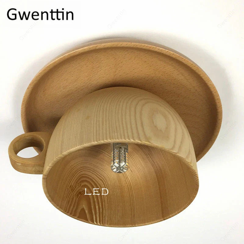 Nordic Wood Cup Ceiling Light: Modern Industrial Wooden Lamp for Living Room Bedroom