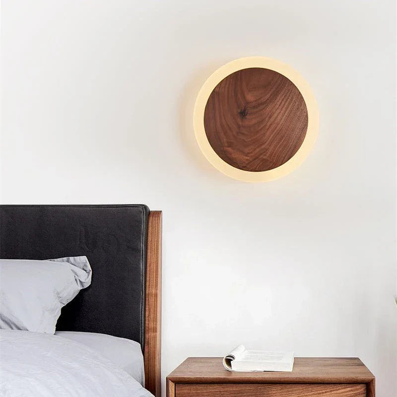 Walnut Round Solid Wood LED Wall Light for Bedroom Living Room Kitchen
