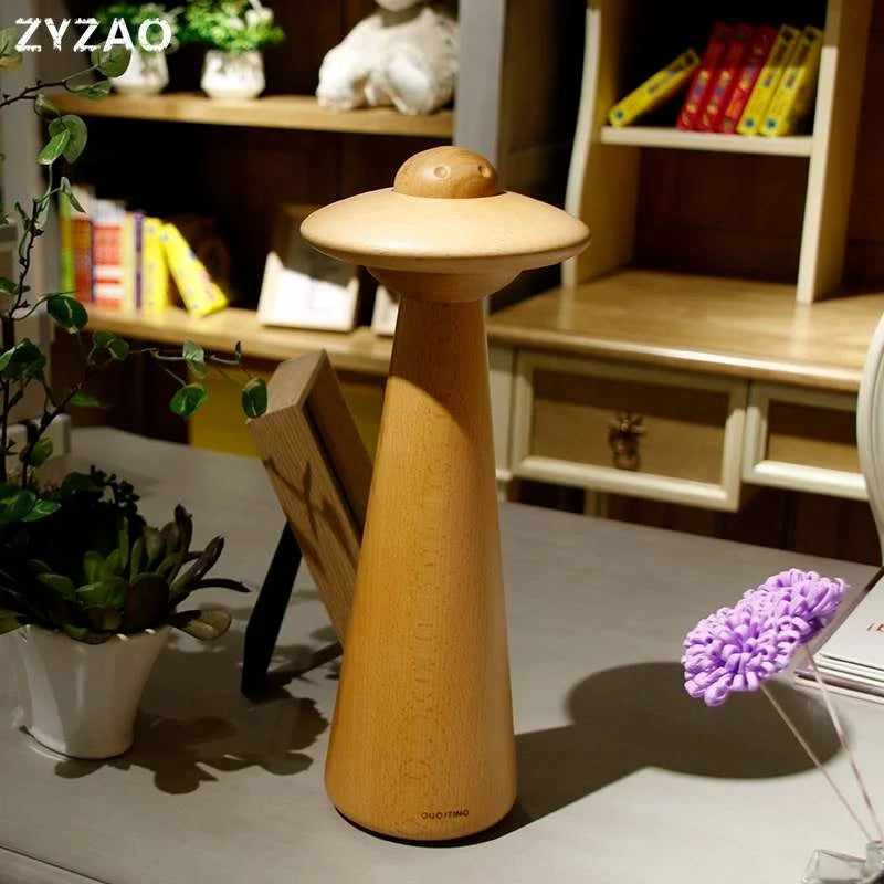 Kids UFO Wood LED Table Lamp: Modern, Dimmable, Cartoon Design, Ideal for Children's Bedroom