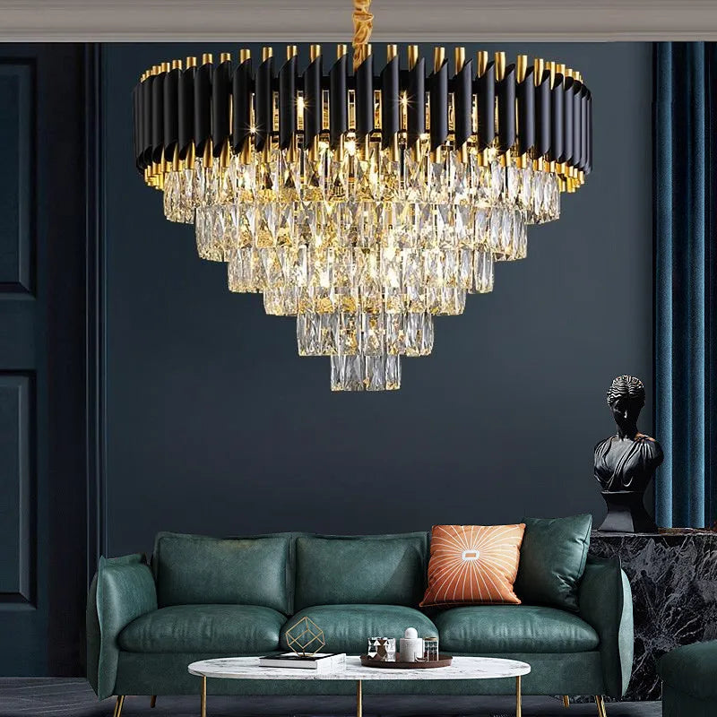 Black Gold Metal LED Chandelier Living Room Dining Modern Lustre Crystal Hanging Lamp