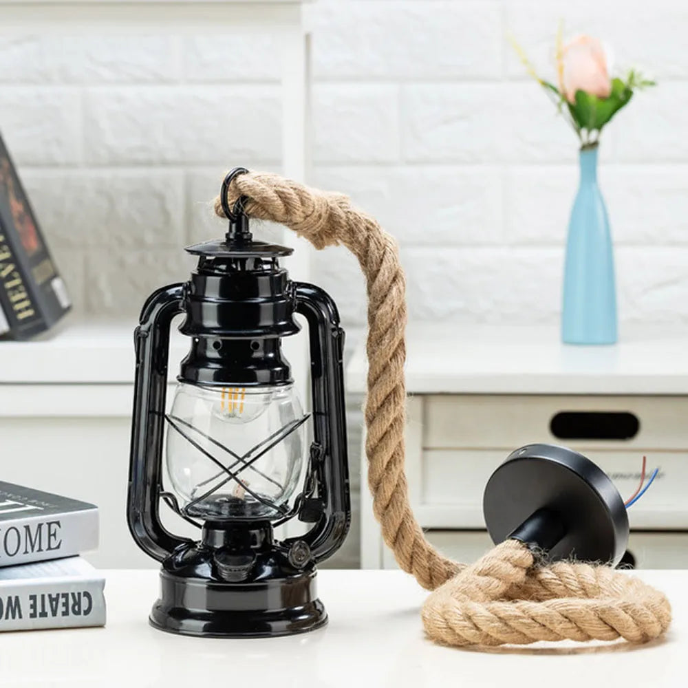 Retro Industrial Hemp Rope Kerosene Pendant Chandelier LED Ceiling Lamp
