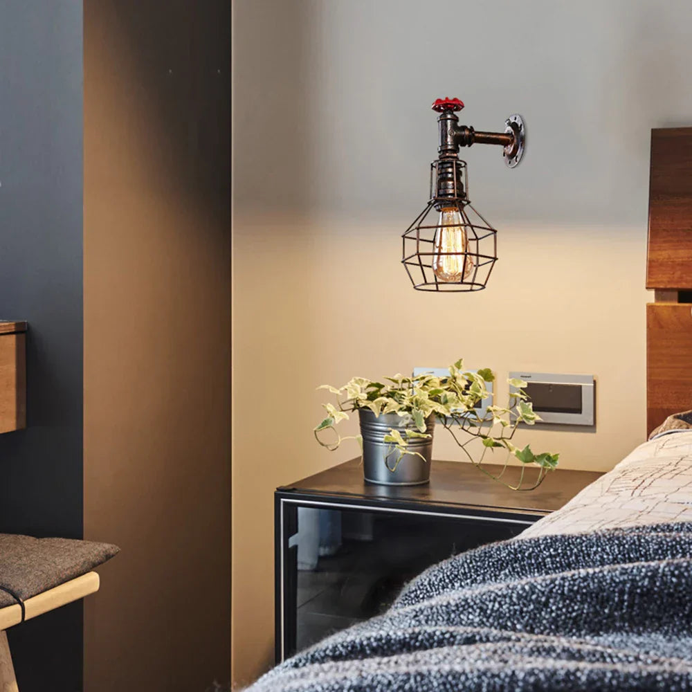 Vintage Industrial Iron Rust Wall Lamp Retro Cage Sconce for Living Room