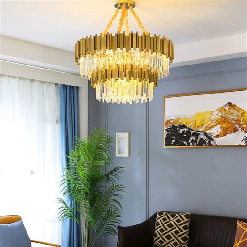 Golden Stainless Steel K9 Crystal Chandelier for Elegant Dining Room Lighting