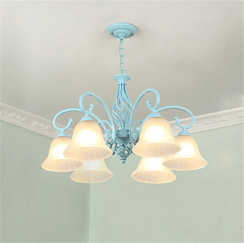 Vintage Blue Chandelier with Glass Lampshade for Home Lighting
