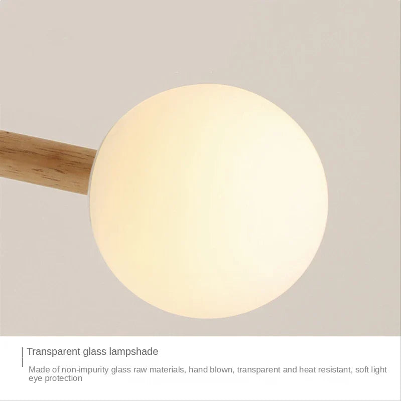 Nordic Wood Iron Glass Ball Chandelier LED Light Luxury Living Bedroom Restaurant Bar