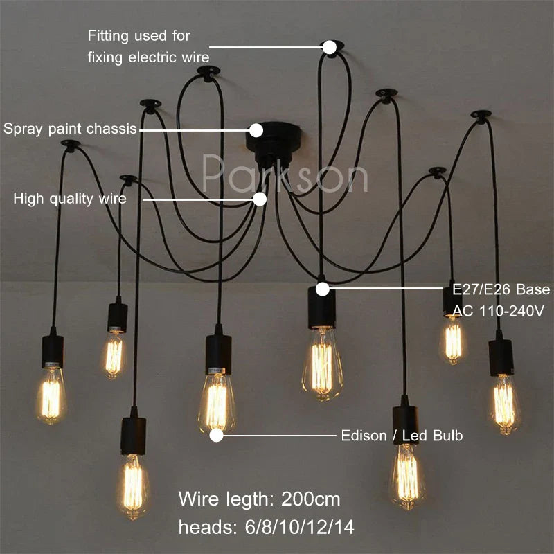 Nordic Retro Spider Pendant Lights LED Edison Bulb Vintage Lamps