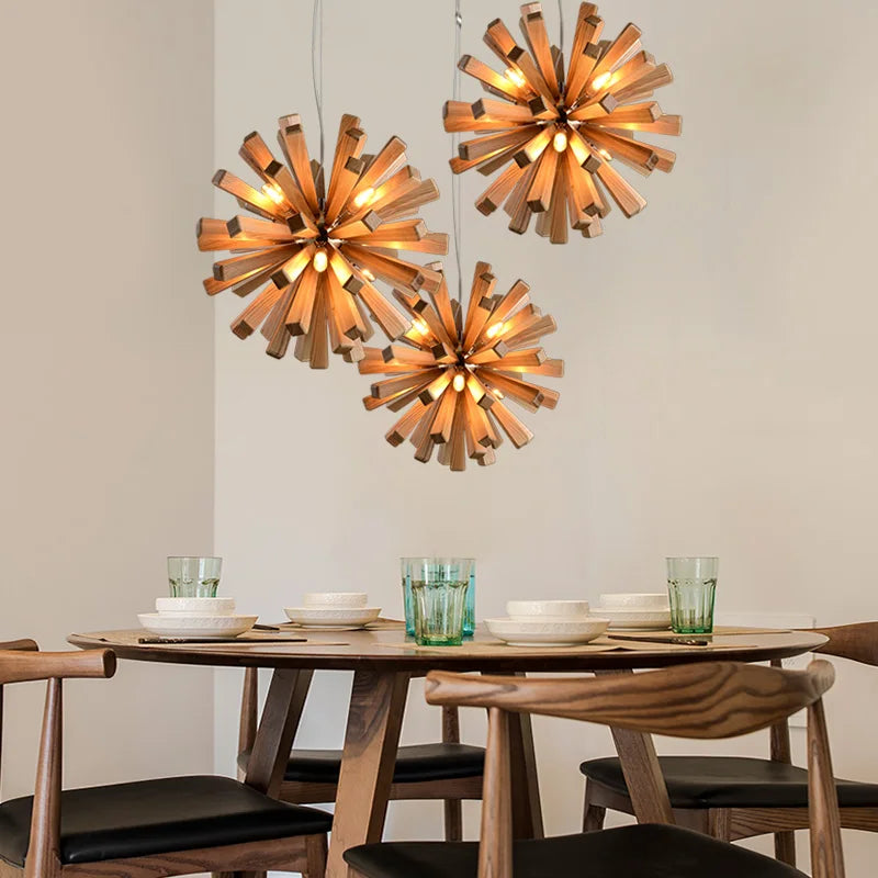 Nordic Dandelion Wooden Pendant Lights for Tea Room Dining Living, Artistic Personality Lamp