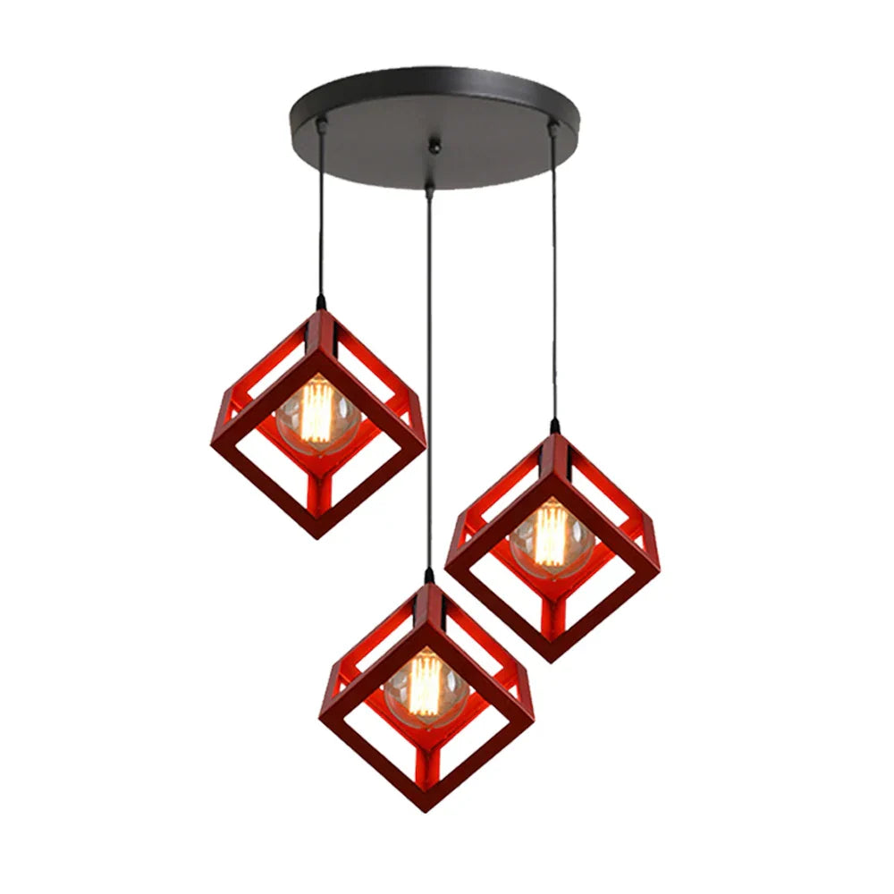 Geometric Cube Pendant Lights Trio Metal Shades Square Ceiling Lamps