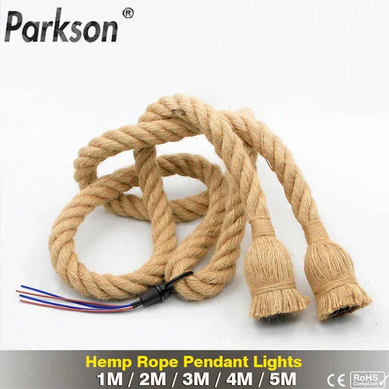 Retro Hemp Rope Pendant Light, Vintage E27 LED Bulb, Industrial Hanging Lamp