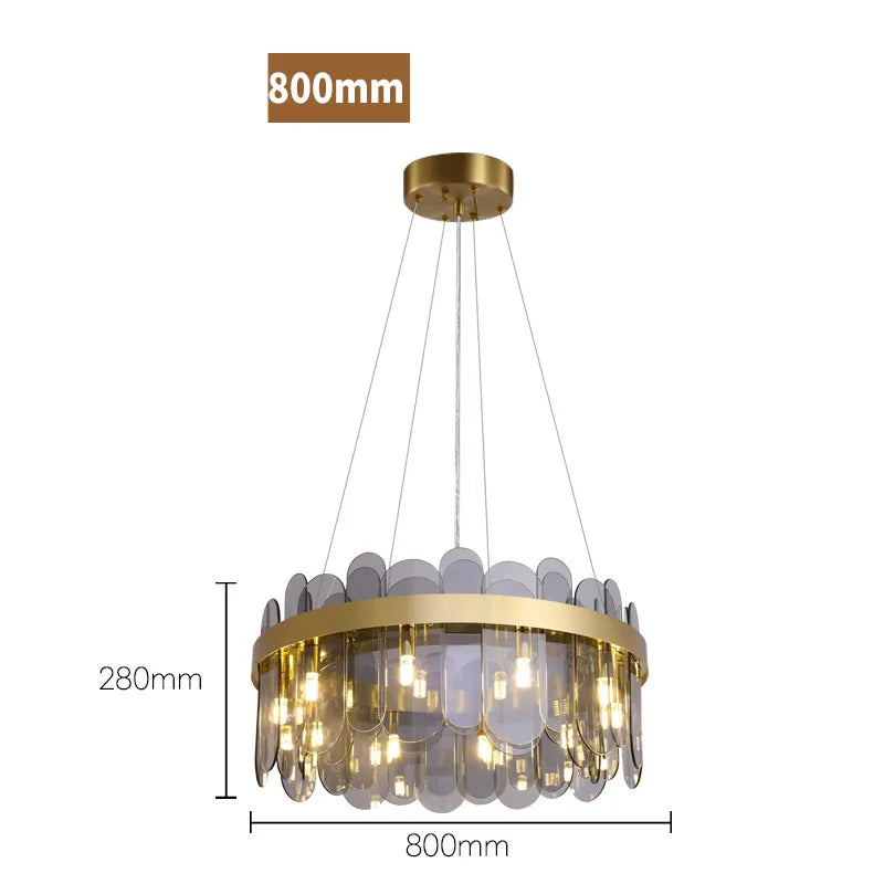 Luxury Gold Metal LED Chandeliers with Adjustable Brightness and Grey/White Glass