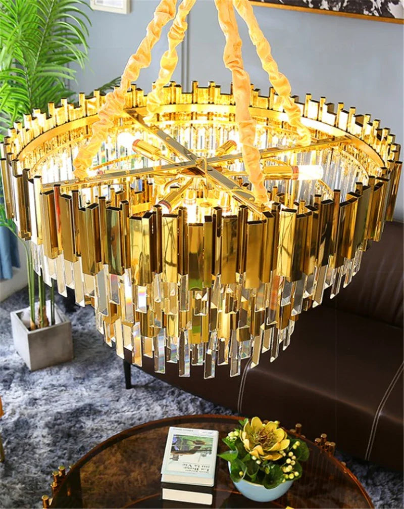 Golden Stainless Steel K9 Crystal Chandelier for Elegant Dining Room Lighting