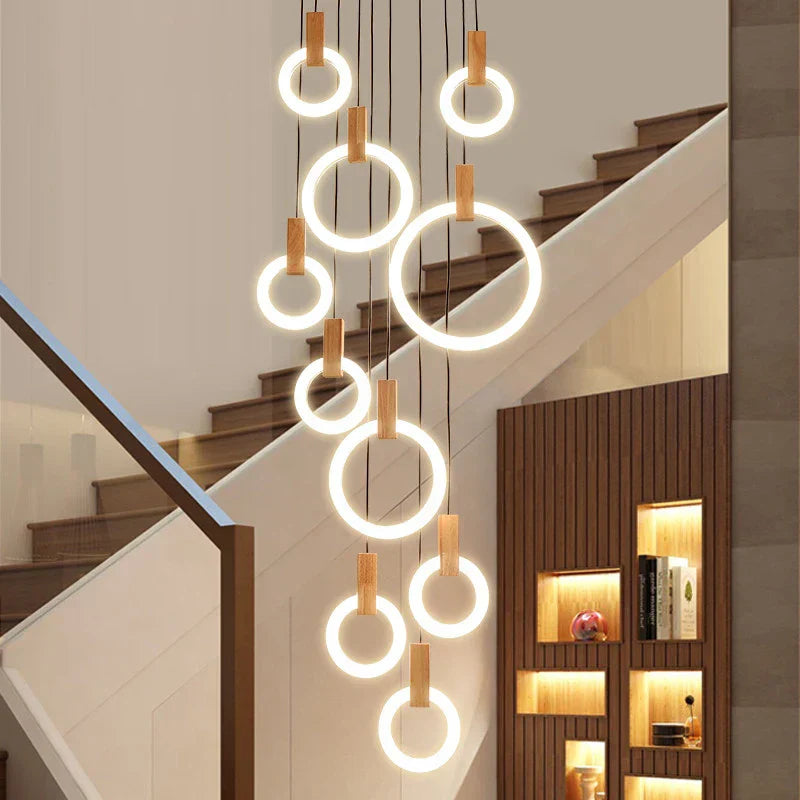 Wooden Ring LED Chandelier for Staircase and Dining Room Lighting
