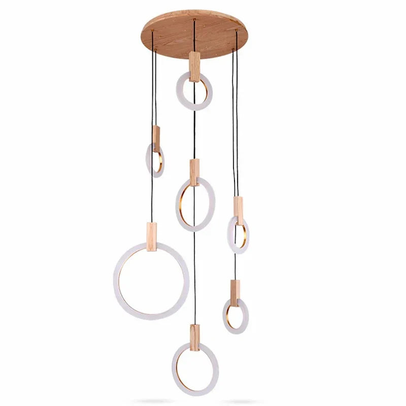 Wooden Ring LED Chandelier for Staircase and Dining Room Lighting