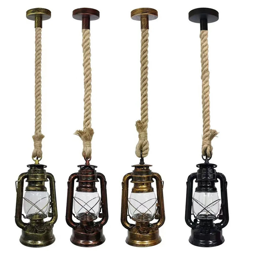 Retro Industrial Hemp Rope Kerosene Pendant Chandelier LED Ceiling Lamp
