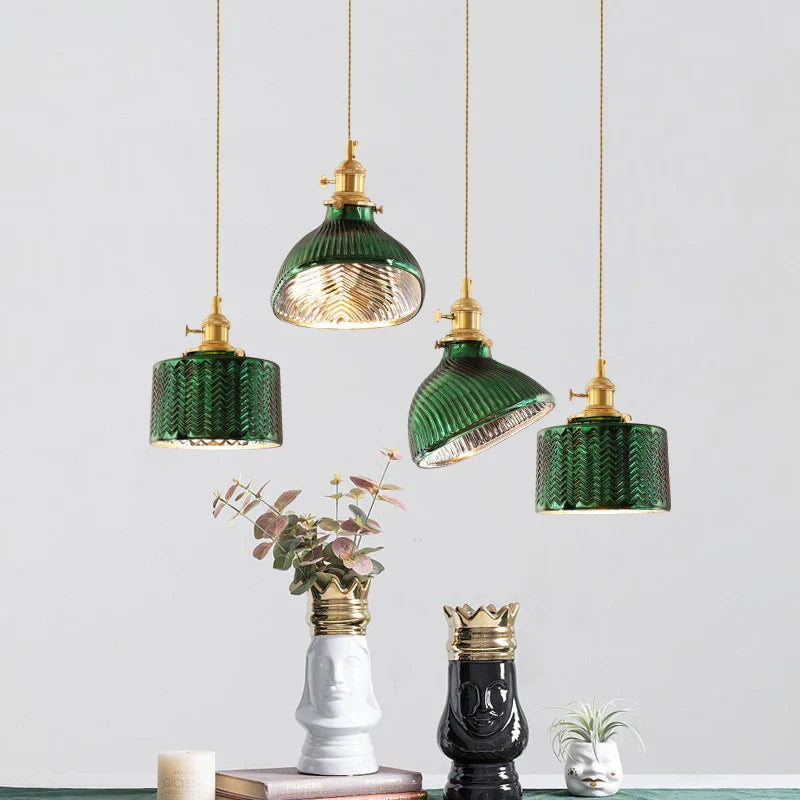 Green Glass LED Chandelier: Minimalist Brass Hanging Lights