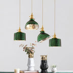 Green Glass LED Chandelier: Minimalist Brass Hanging Lights