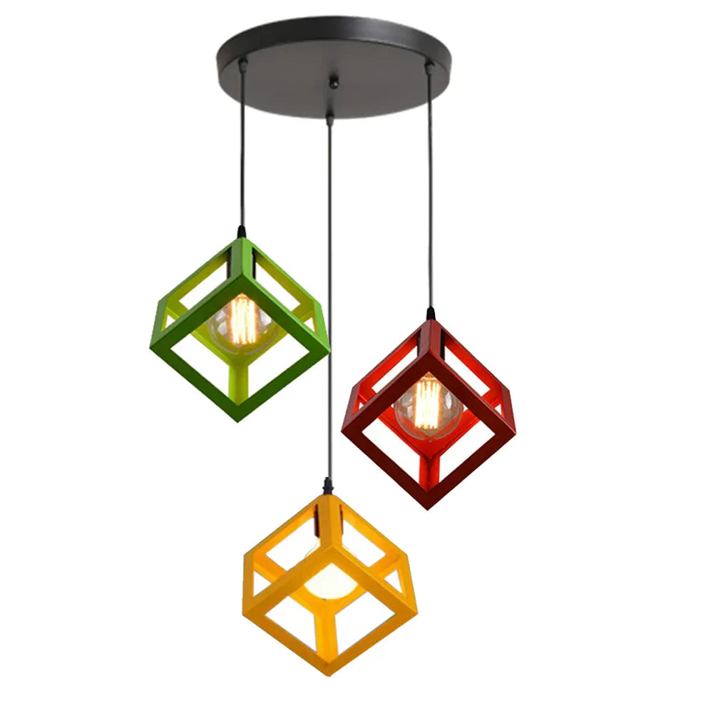 Geometric Cube Pendant Lights Trio Metal Shades Square Ceiling Lamps
