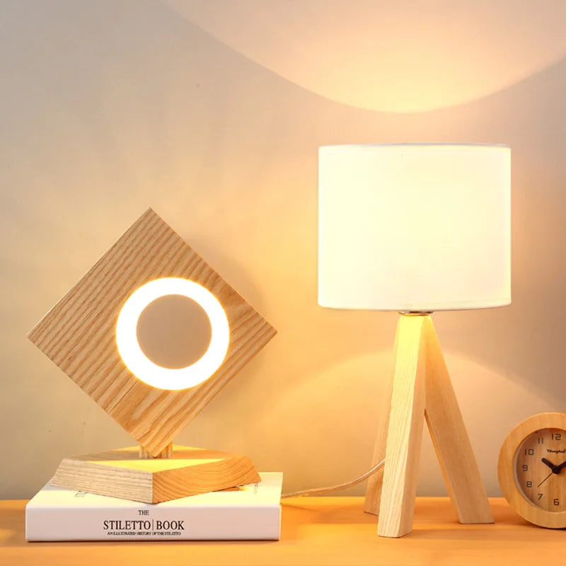 Wooden LED Desk Lamp - Japanese Design, Eye-Friendly, Solid Wood Triangle Square