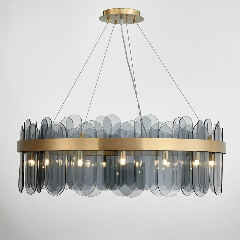 Luxury Gold Metal LED Chandeliers with Adjustable Brightness and Grey/White Glass
