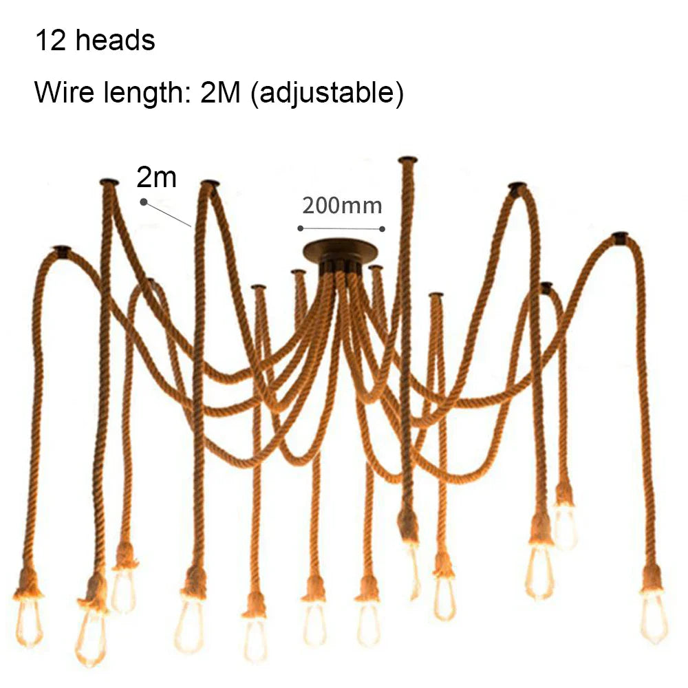 Spider Chandelier Hemp Rope Pendant Light Vintage Industrial Ceiling Lamp