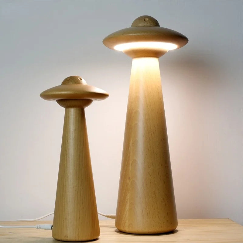 Kids UFO Wood LED Table Lamp: Modern, Dimmable, Cartoon Design, Ideal for Children's Bedroom